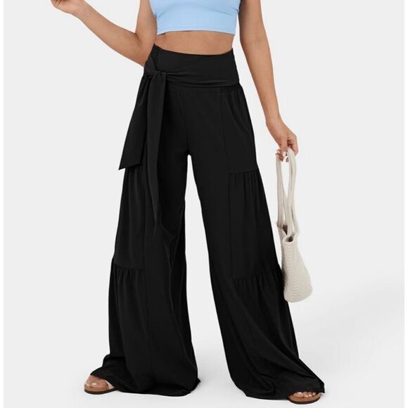 NWT Gorgeous Sz. L High Waisted Black Tie Front/Back Wide Leg Flowy Tiered Pants - Picture 1 of 12